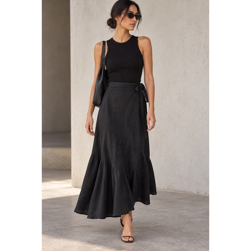 J.Crew Womens Black 100% Linen Ruffle Hem Wrap Midi Skirt XS Minimalist Resort